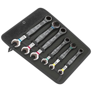 Wera Joker 6-tlg. Maul-Ringratschenschlüssel-Satz in Rolltasche. Farbig markierte Doppelmaulschlüssel für Größenfindung.