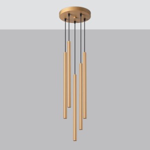 Moderne, goldene Sollux Lighting Pendelleuchte Pastelo mit 5 Leuchten für Wohnzimmer & Esszimmer.