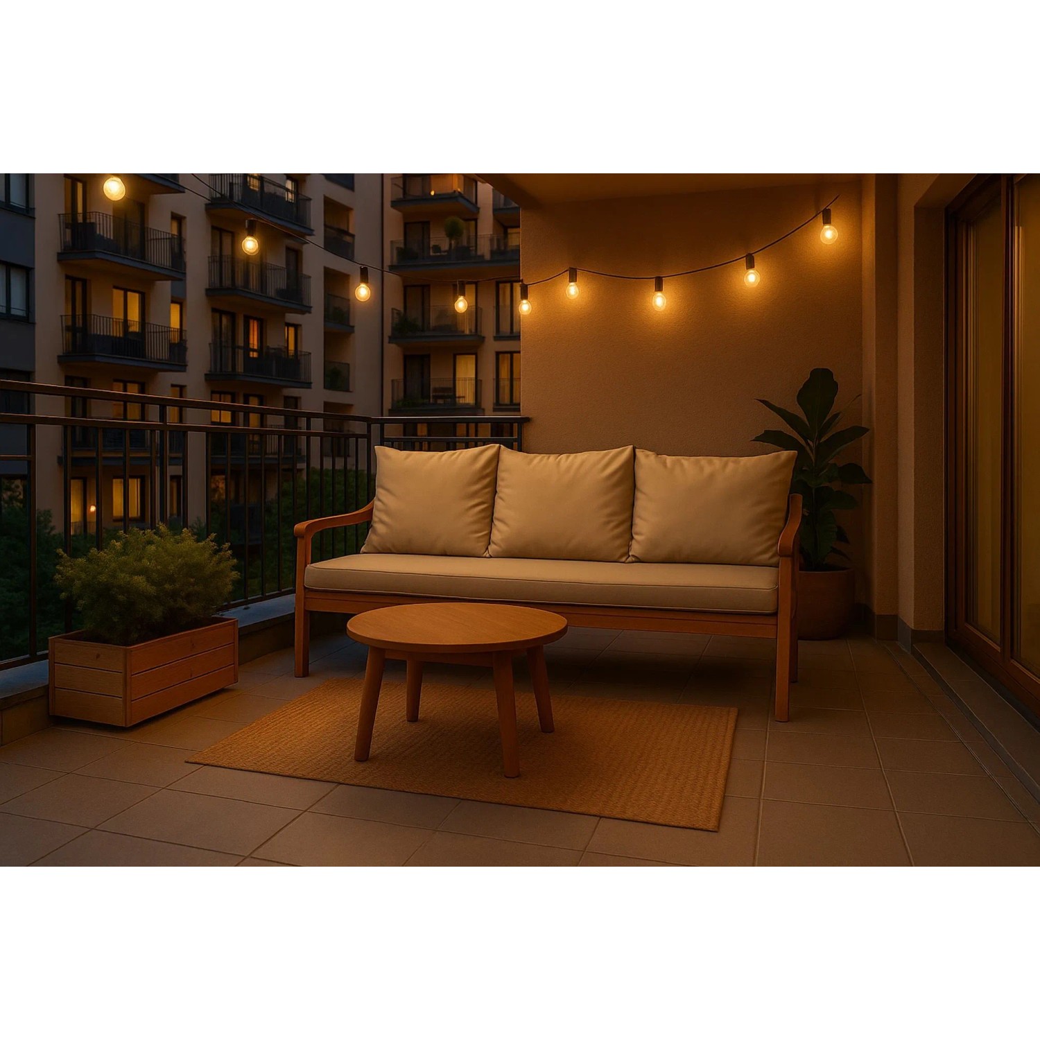 Beiges Setgarden Bankkissen-Set für 3-Sitzer Gartenbank (160x60 cm + 3x 50x56 cm) auf Balkon.