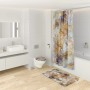 Badezimmer-Set mit WC-Bürste, Duschvorhang und Badematte im Marmor Braun Design.