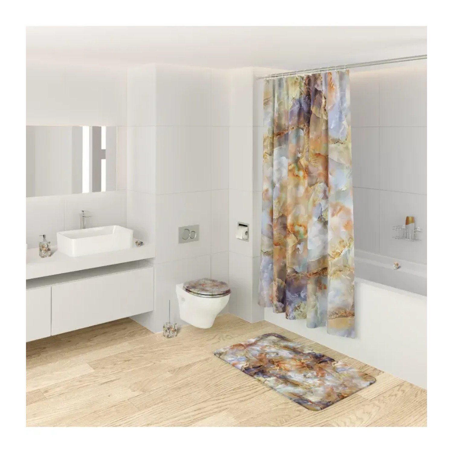 Badezimmer-Set mit WC-Bürste, Duschvorhang und Badematte im Marmor Braun Design.