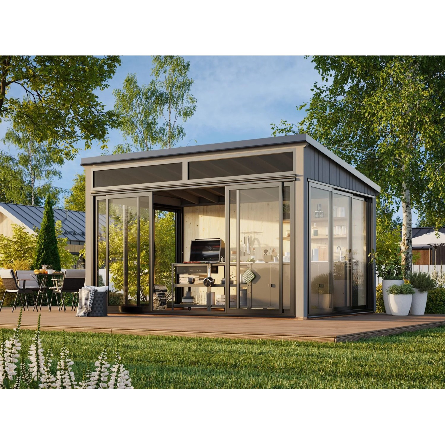 Palmako Holz-Gartenhaus Saga Slide Plus Pultdach Lackiert 420 cm x 297 cm