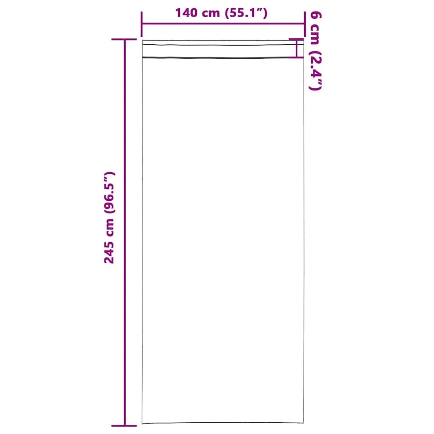 Maßzeichnung vidaXL Verdunkelungsvorhang 245x140 cm. Fenstervorhang mit 6 cm Taschenöffnung.