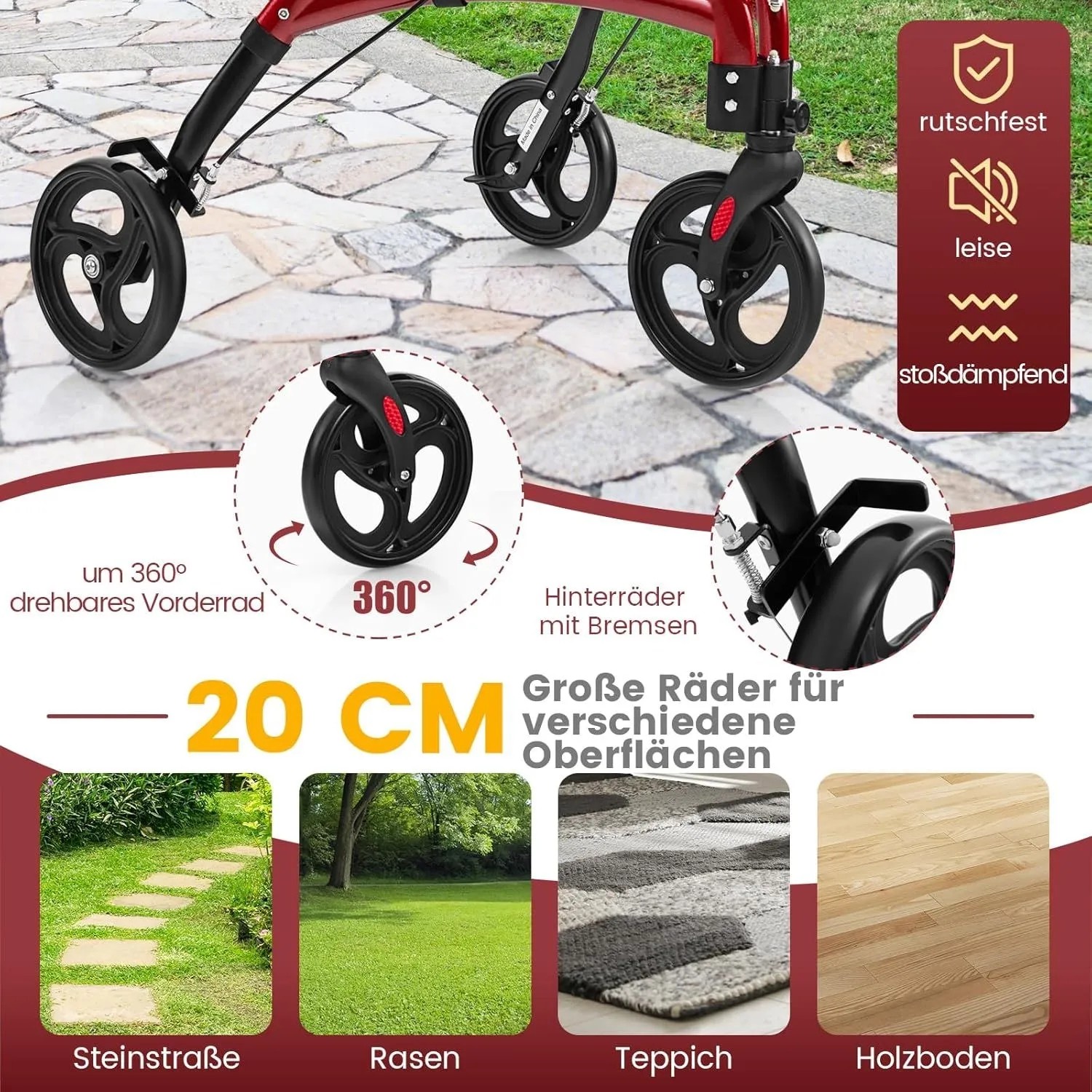 Roter, faltbarer Rollator mit 20 cm Rädern, 360° Vorderrad, Bremsen. Rutschfest, leise, stoßdämpfend für diverse Böden.