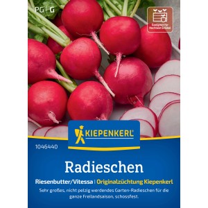 Kiepenkerl Radieschen Riesenbutter Vitessa Samenpackung mit roten, runden Radieschen.