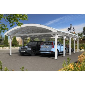 Weißes Skan Holz Bogendach-Carport "Franken" mit zwei parkenden Autos. Doppelcarport mit gebogenem Dach.