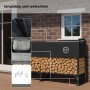 Schwarzes Metall Kaminholzregal 260 cm mit Holzscheiten und UV-Abdeckung auf Terrasse. Robustes Brennholzregal für Garten & Ofen.