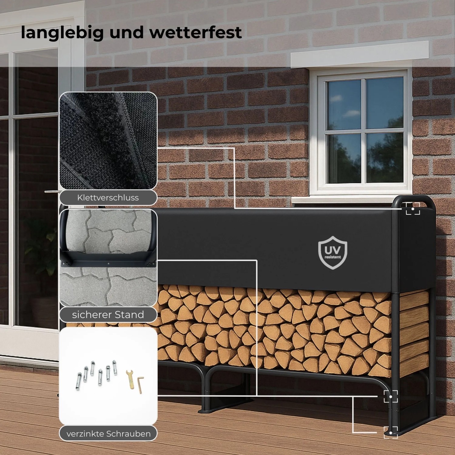 Schwarzes Metall Kaminholzregal 260 cm mit Holzscheiten und UV-Abdeckung auf Terrasse. Robustes Brennholzregal für Garten & Ofen.