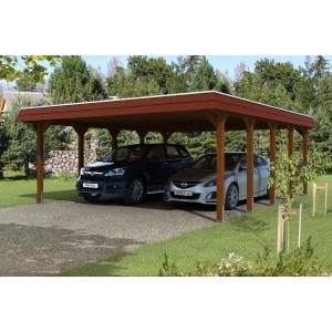 Skan Holz Doppelcarport Spreewald Nussbaum mit zwei parkenden Autos.