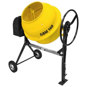 Güde Betonmischer GBM 160, gelb-schwarzer Mischer mit Trommel und Rädern.