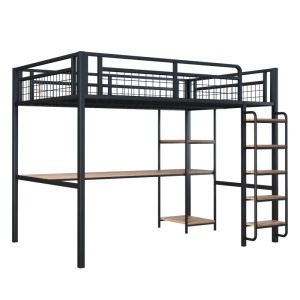 KOMHTOM Hochbett 140 x 200 Cm  Sicherheitsleiter Mit Treppe  Kinderbett Mit Tisch Und Ablage  Jugendbett/Erwachsenenbett  Schwarz