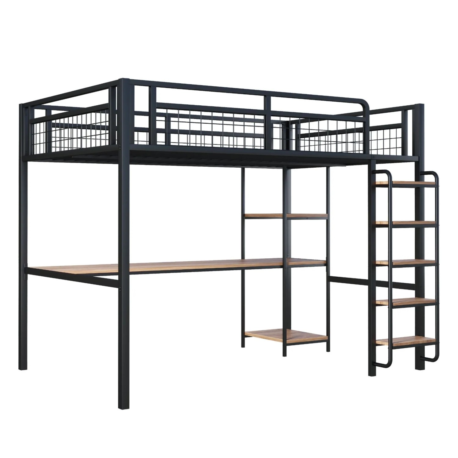 KOMHTOM Hochbett 140 x 200 Cm  Sicherheitsleiter Mit Treppe  Kinderbett Mit Tisch Und Ablage  Jugendbett/Erwachsenenbett  Schwarz