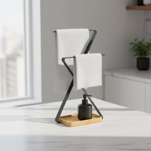 Relaxdays Handtuchständer Eisen Bambus Schwarz 36,5 cm x 26,5 cm x 15 cm