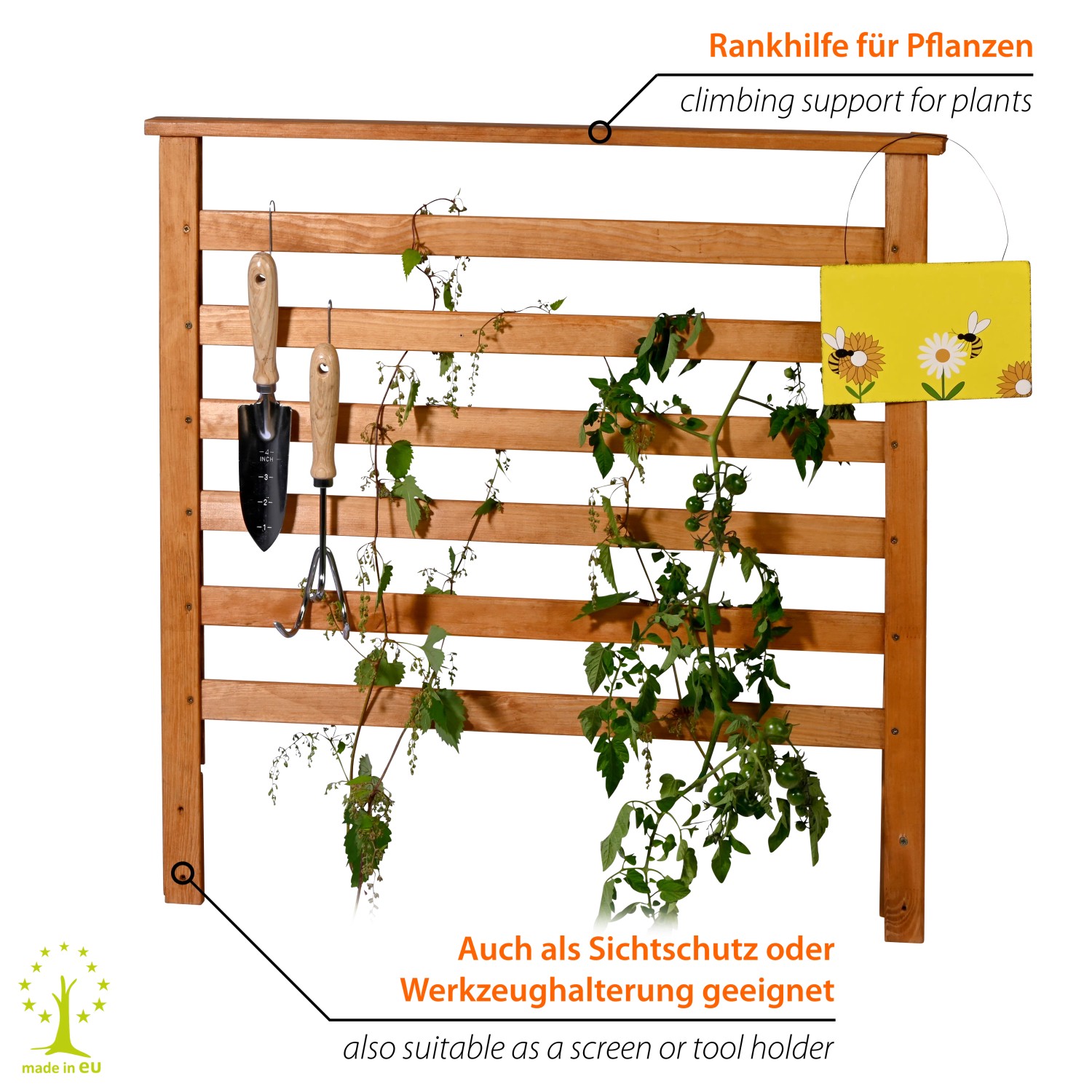Dobar Rankgitter Magic Kubus 2.0, bernsteinfarben, mit Pflanzen und Gartengeräten, zur Montage am Holz-Hochbeet.