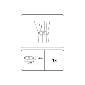 Gardinia Raffspange Infinity Schwarz, Schemazeichnung mit Maßen und Anwendungsbeispiel.