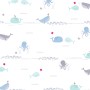 Vliestapete mit Walen, Kraken und Sternen in Blau und Grau für das Kinderzimmer.