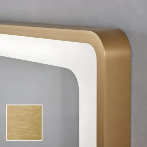 Nahaufnahme ARTFORMA LED Badspiegel: Rechteckig, abgerundete Ecken, gebürsteter Goldrahmen, leuchtende LED-Beleuchtung. Texturmuster.
