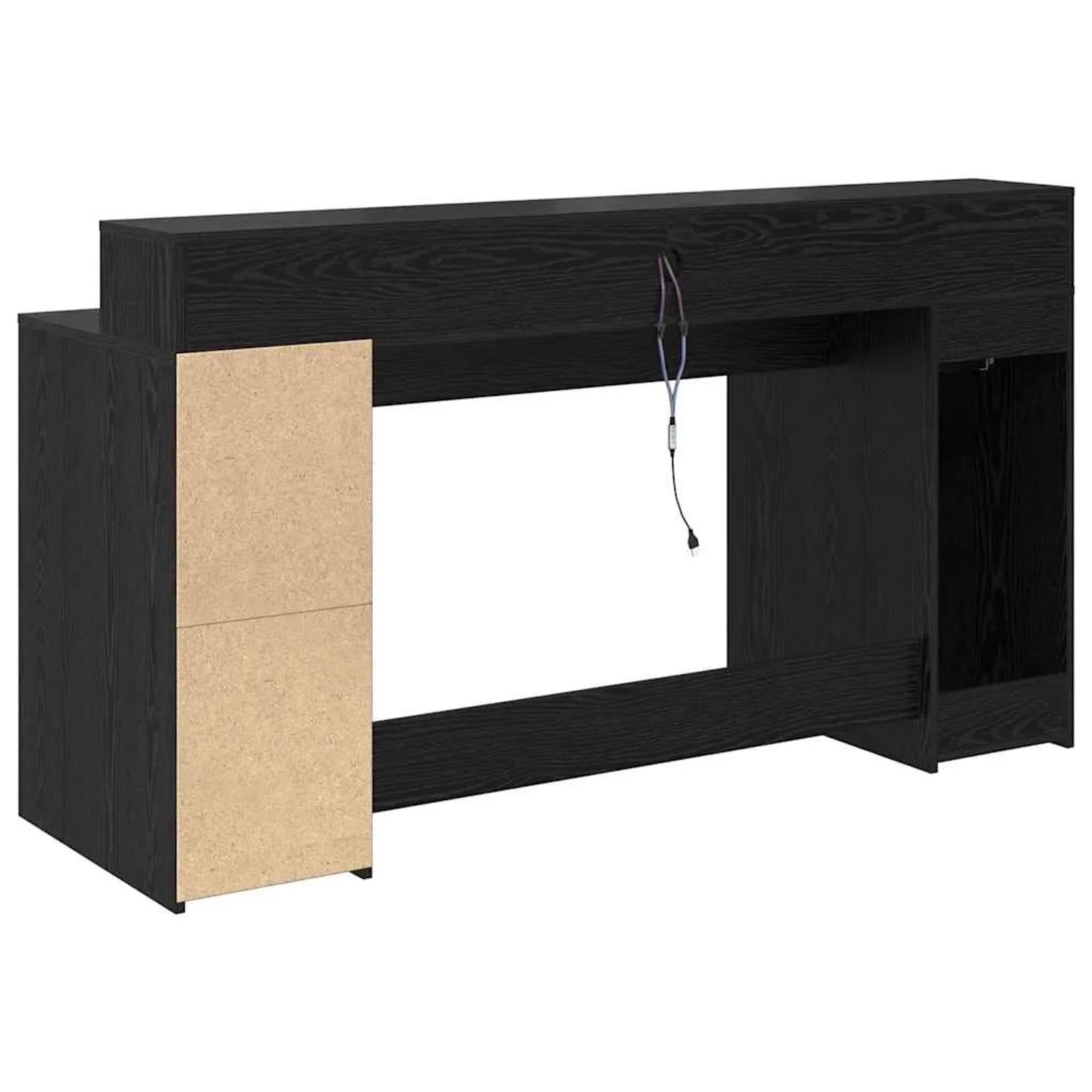 Schwarzer Schreibtisch Eiche Optik mit LED, 160x55x91cm, Stauraum.