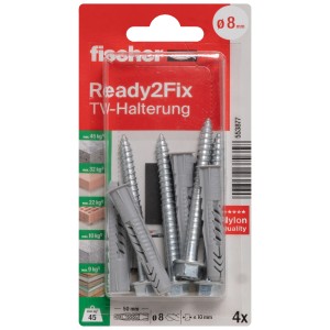 Fischer Montageset für Flachbild-TV Halterungen mit Dübeln und Schrauben in Verpackung.