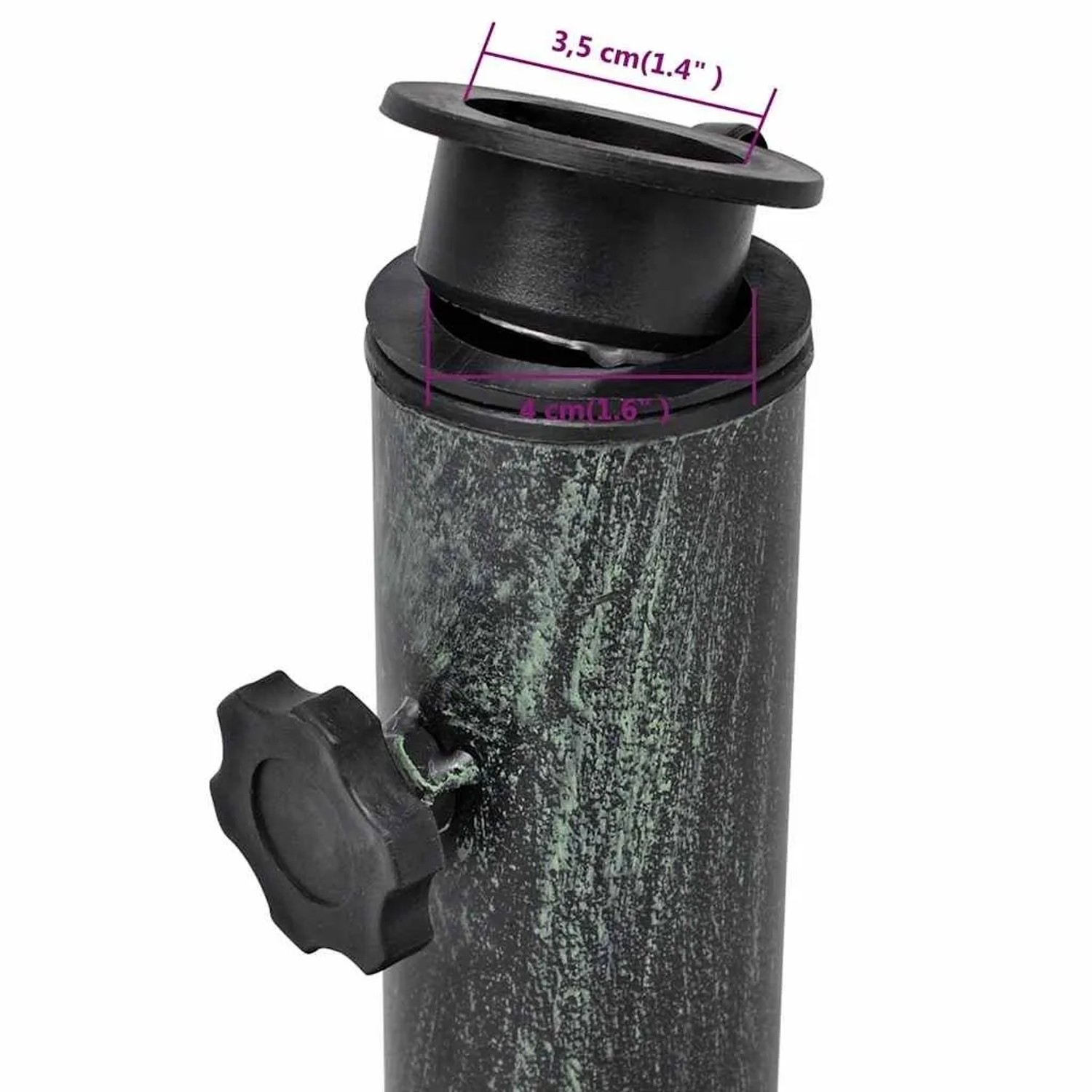 Detailaufnahme Sonnenschirmständer Gusseisen, schwarz-grün, mit Adapter für verschiedene Schirmstangendurchmesser.