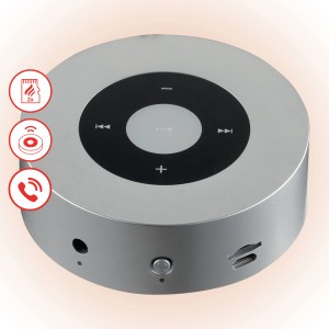 Silberner Kaminio Knister Lautsprecher Moritz für Elektrokamin mit Bluetooth.