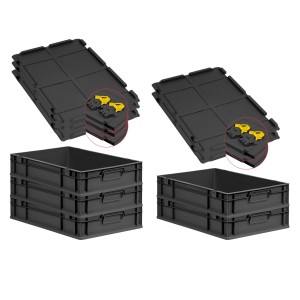 PROREGAL SuperSparSet: 5 schwarze Euroboxen (23L) mit Deckel und gelben Verschlüssen. Aufbewahrungsboxen stapelbar.