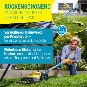 Gloria FineCut Elektro-Rasenkantenschneider in Aktion: Randnahes Rasenmähen unter Hindernissen.
