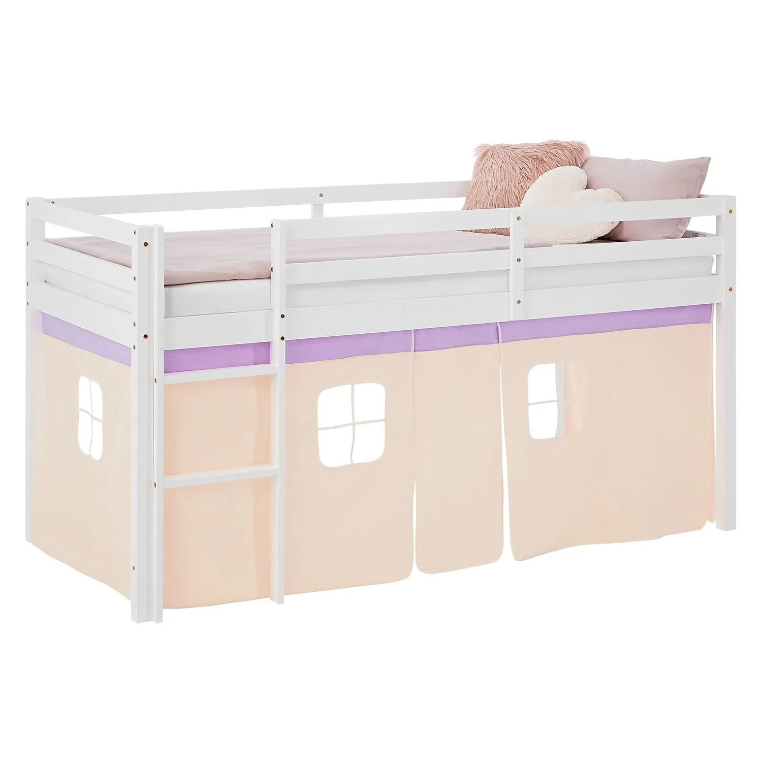 Homestyle4u Kinderbett Hochbett 90x200 mit Lattenrost Vorhang Lila Orange 2954