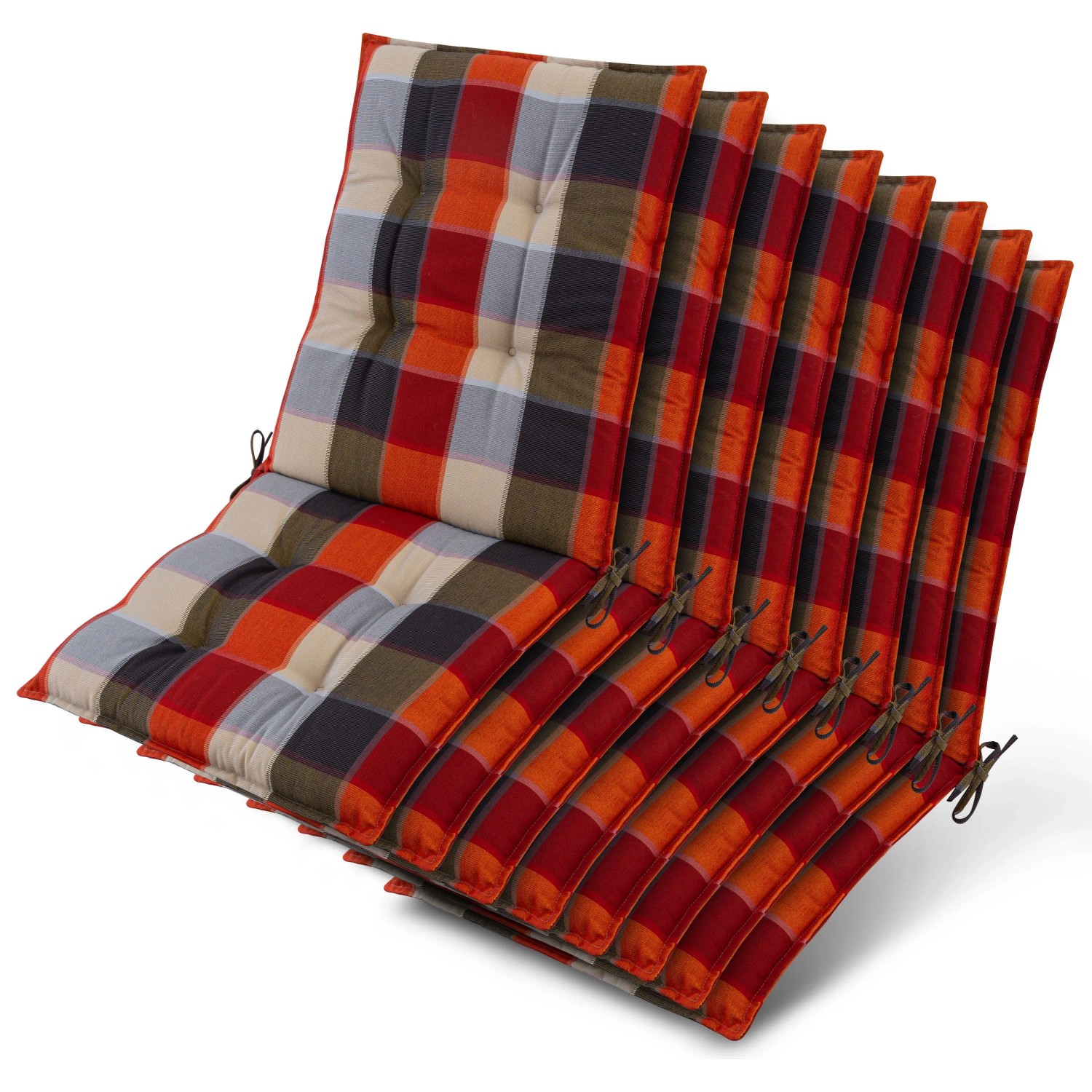 Beautissu 8x Niederlehner Sun-NL Auflage 105x50x8cm Orange-Beige-Kariert