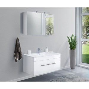 Posseik Badmöbel-Set Viva, 100 cm, Weiß Hochglanz, 2-teilig mit Waschbecken, Unterschrank und Spiegelschrank.