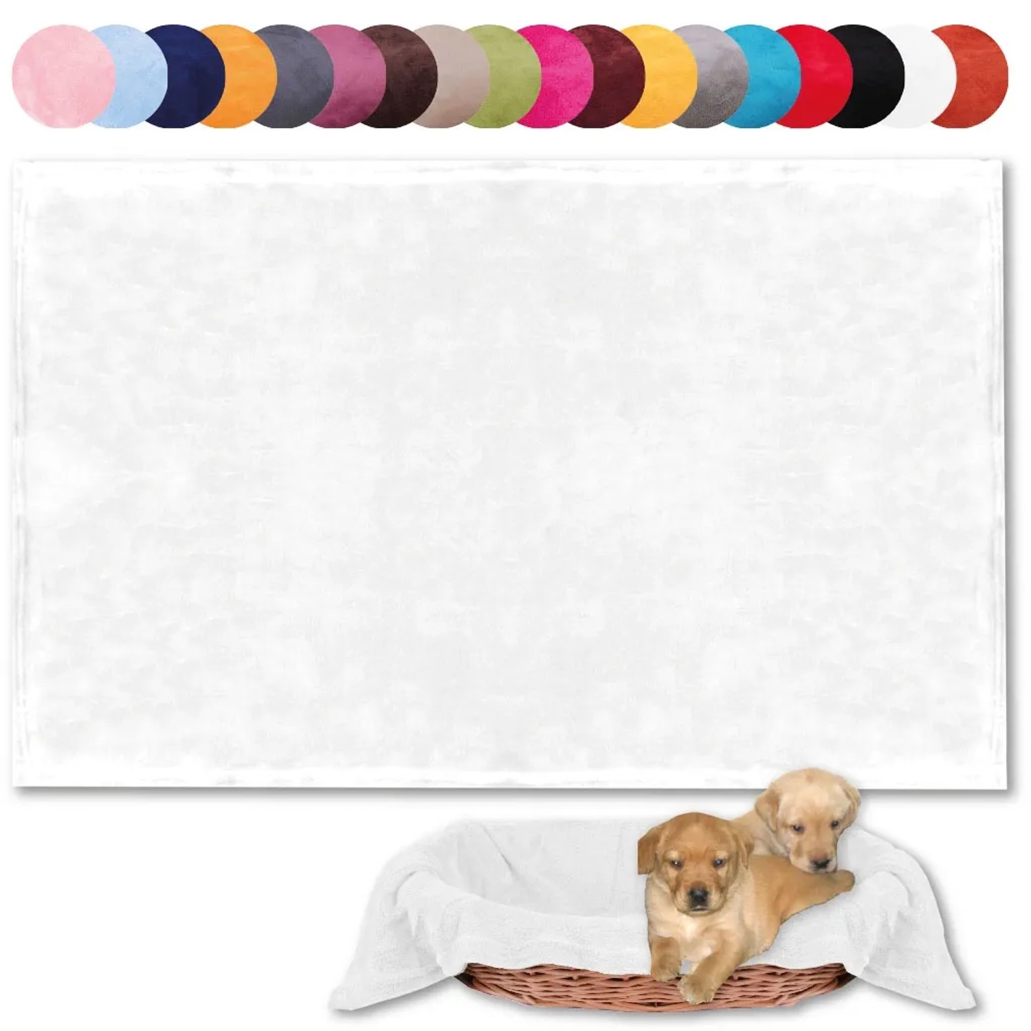 Bestlivings Tierdecke Hundedecke Mikrofaser 60x80 cm, weiß, mit Welpen im Korb. Hundekissen & Hundedecken.