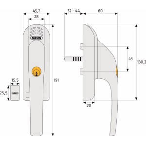 Technische Zeichnung Abus Alarm-Fenstergriff FG300A Weiß mit Maßen für Türschlösser & Türtechnik.