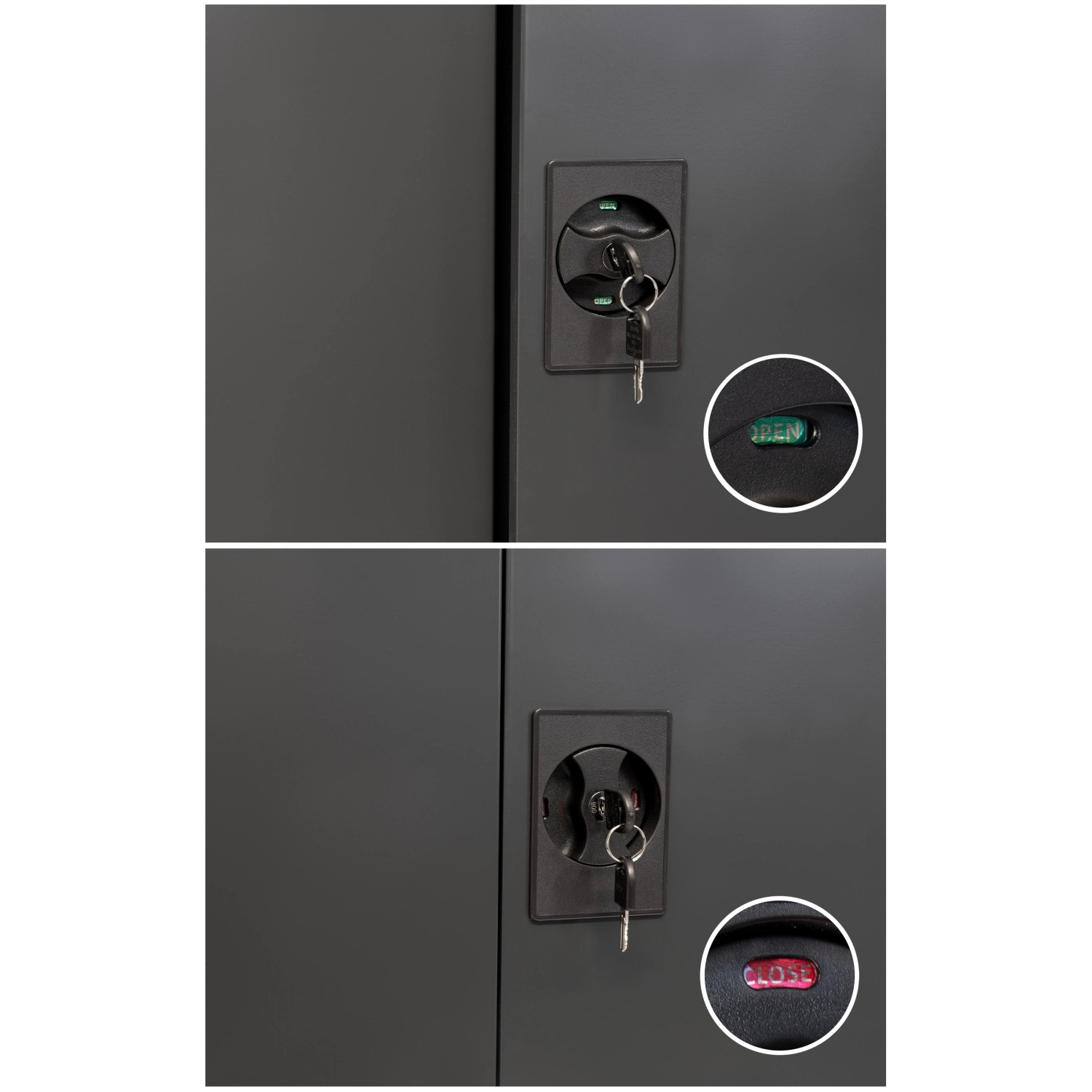 Detailaufnahme des Schlosses vom anthrazitfarbenen Rikta Metallschrank mit Anzeige "Open" und "Close".