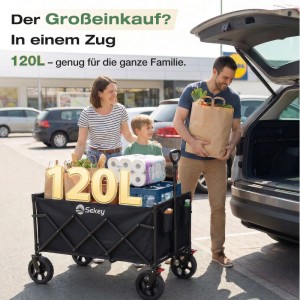 Sekey Bollerwagen, faltbar, 120L, schwarz, mit Familie beim Einkaufen. Ideal für Camping & Freizeit.