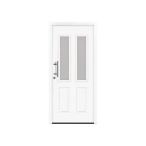 Weiße EcoStar Haustür IsoPro Secur IPS 410S DIN Links. Landhausstil mit satinierten Glasausschnitten und Edelstahlgriff.