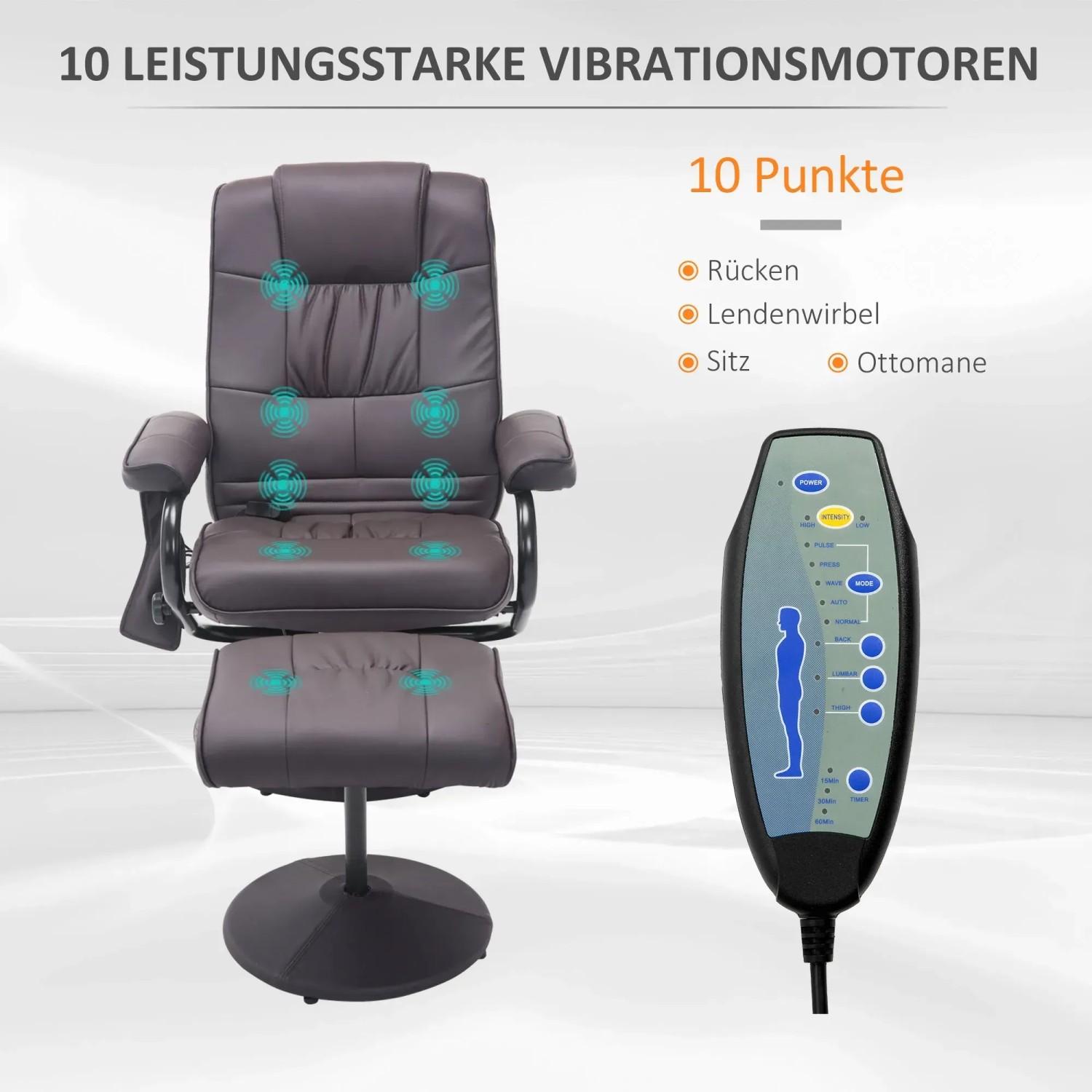 Brauner HOMCOM Massagesessel mit Hocker, elektrisch verstellbar mit Fernbedienung.