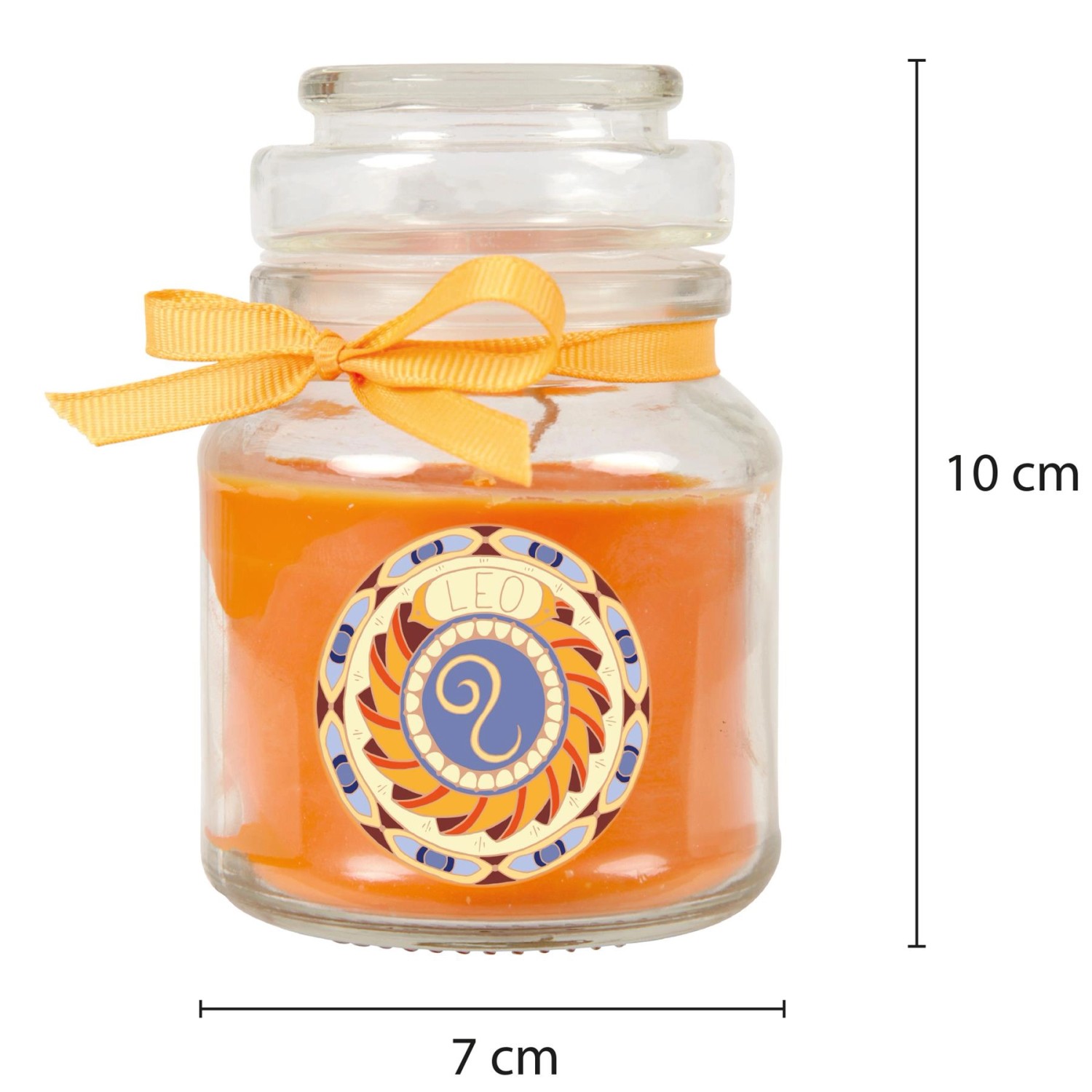 Duftkerze Löwe im Glas mit Honigmelonen-Duft, verziert mit gelber Schleife.