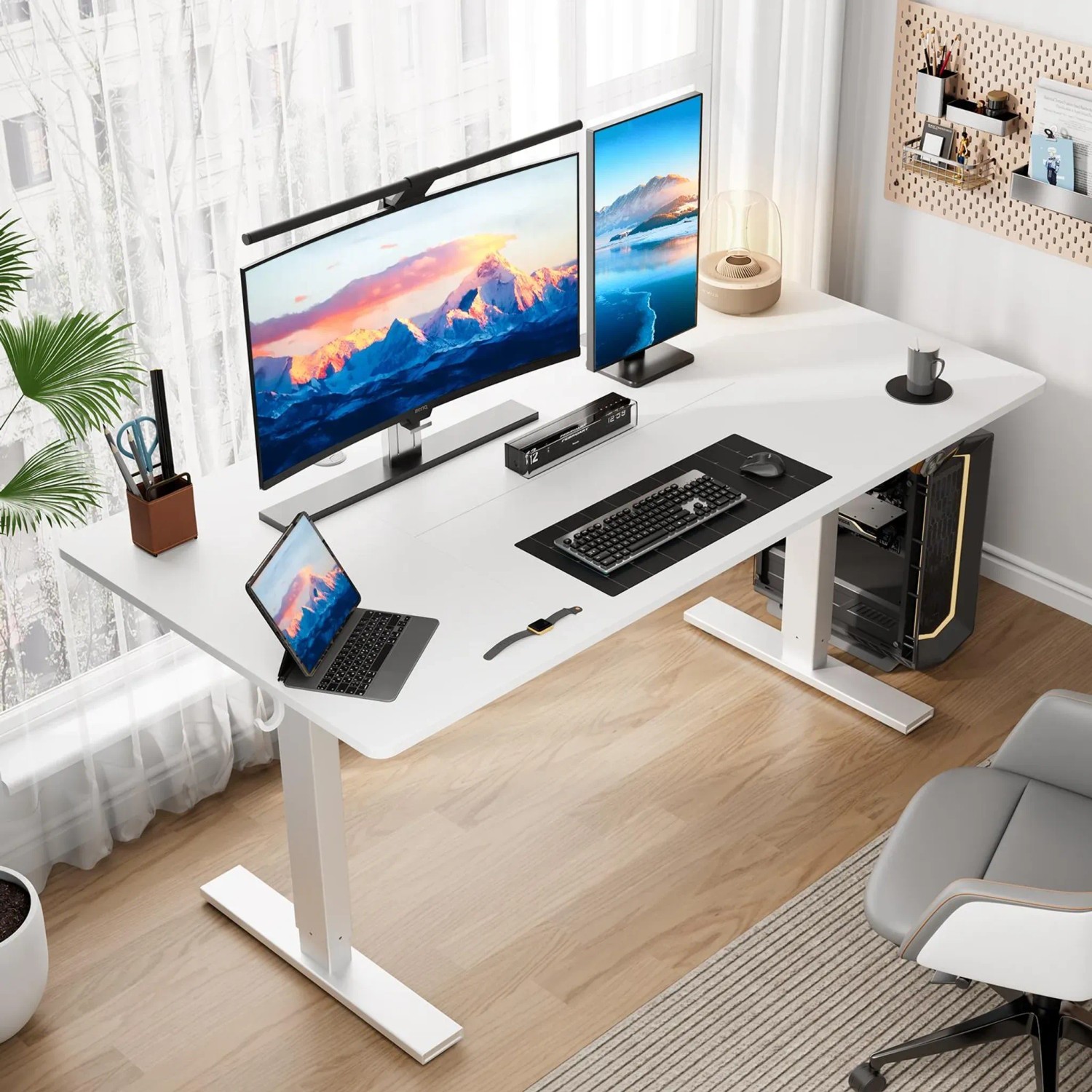 HOMAVO Elektrisch Höhenverstellbarer Schreibtisch 140x60cm mit Memory Funktion Anti Kollisions System Sitzerinnerung Weiß_2