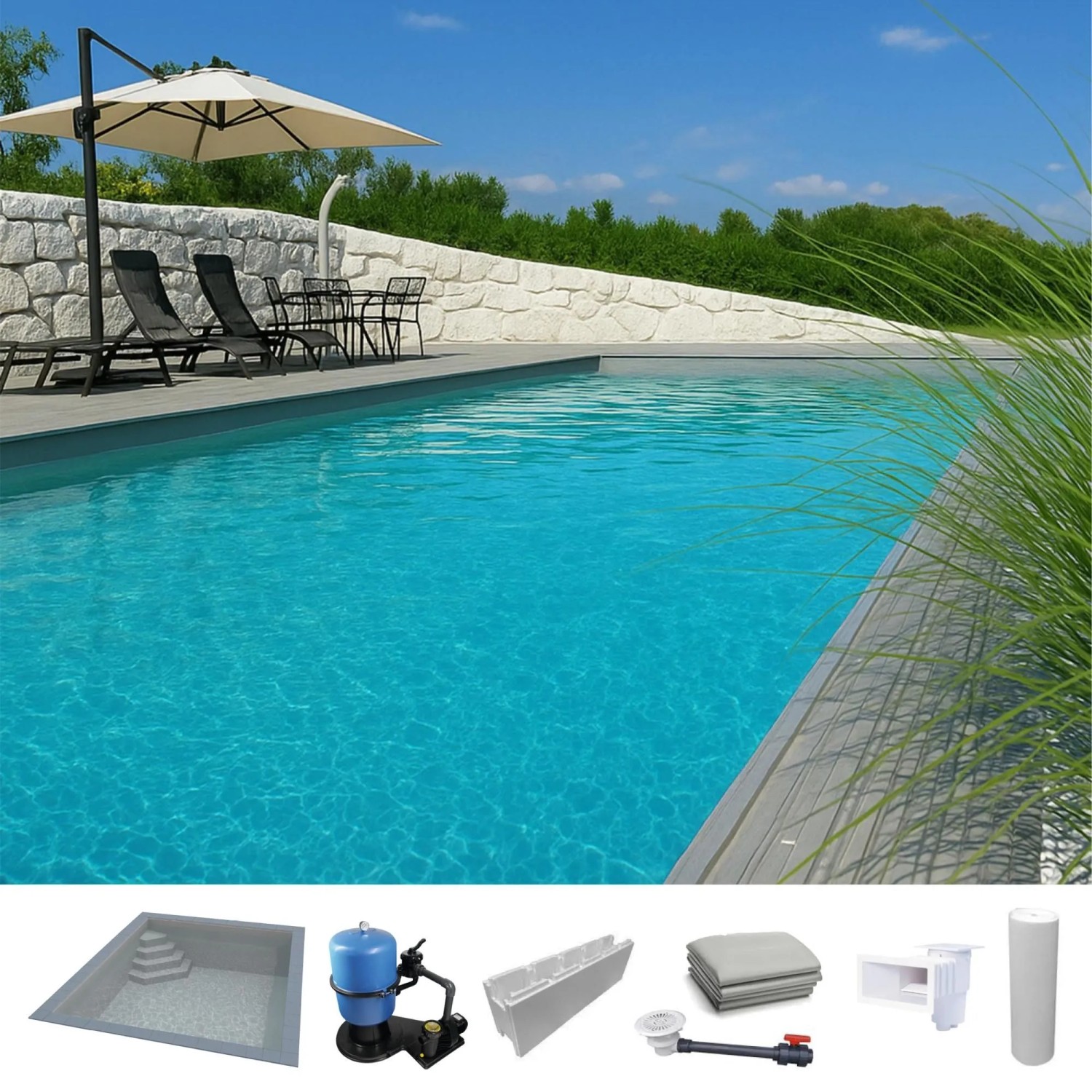 KWAD Styropor Pool Easy mit Ecktreppe Links 6 x 3 x 1,5 m Grau