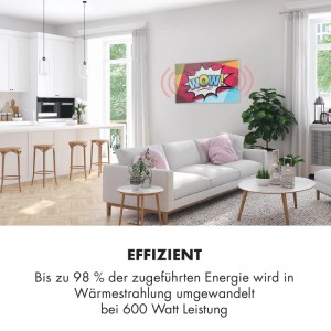 Klarstein Infrarotheizung Wonderwall Air Art 60 mit Comic-Motiv im Wohnraum.