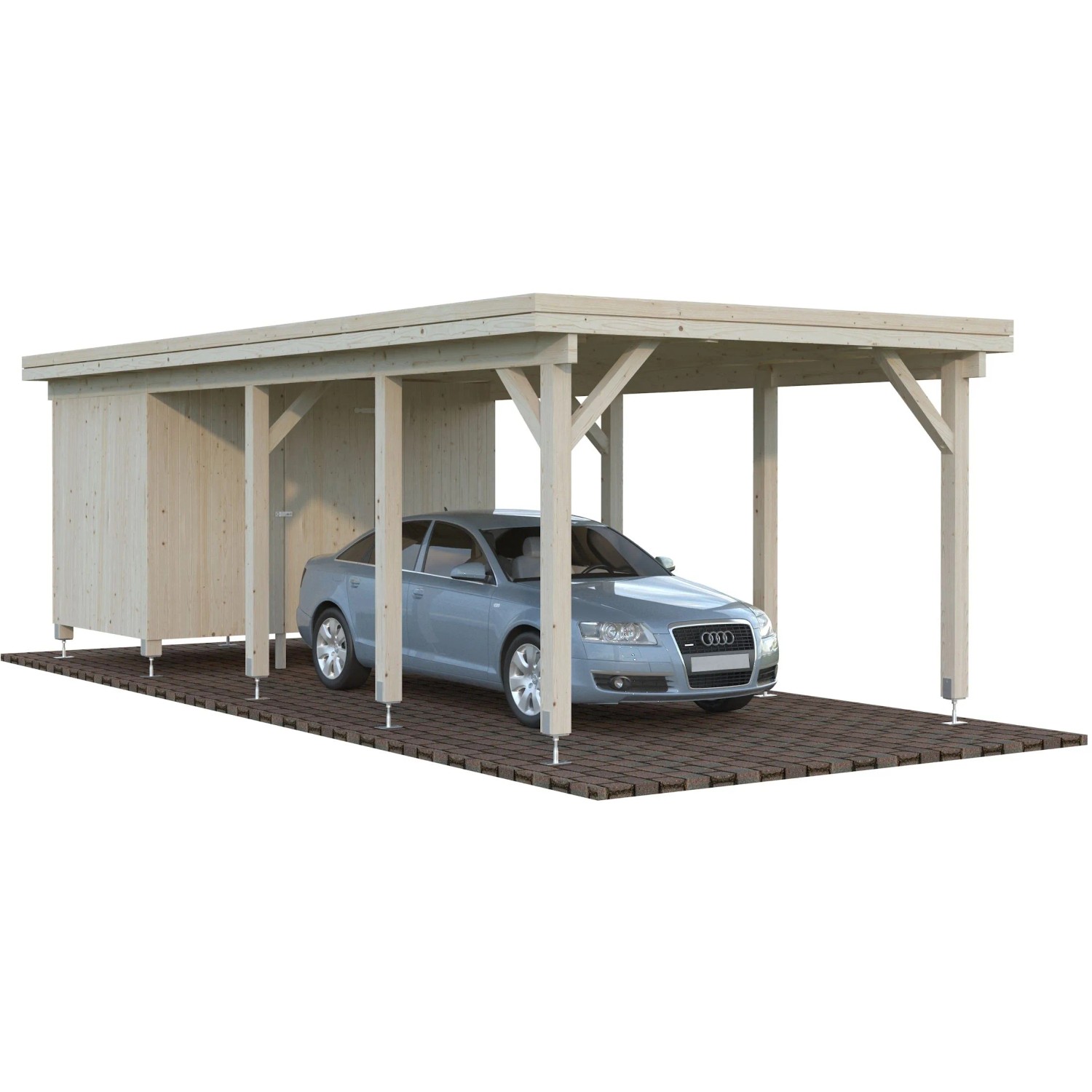 Palmako Carport Karl mit Geräteraum aus naturbelassenem Fichtenholz mit Auto.