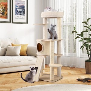 Costway Katzenmöbel Kletterbaum mit Kratztonne, Natur, 143 cm hoch, mit drei Katzen.