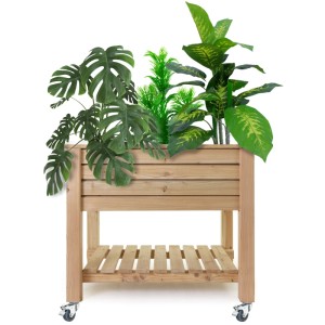 HolzFee Primus Tisch-Pflanzkasten aus Lärche mit Rollen, 90x58x82 cm, mit Ablage, bepflanzt.
