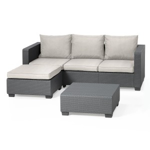 Allibert Salta 3-Sitzer Loungeset mit Hocker und Tisch in Rattanoptik, graues Gestell, beige Kissen.