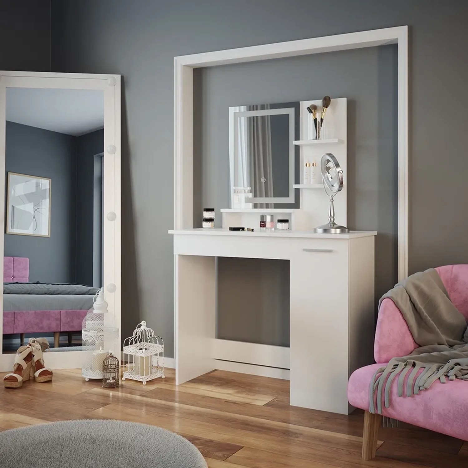 Weißer Vicco Schminktisch Julia 90 cm mit LED-Spiegel und Ablagefächern.