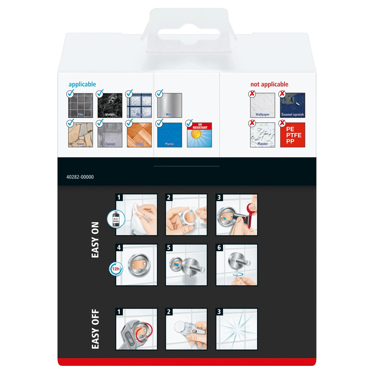 Verpackung der Tesa Seifenablage Loxx mit Montageanleitung und Hinweisen zur Anbringung.