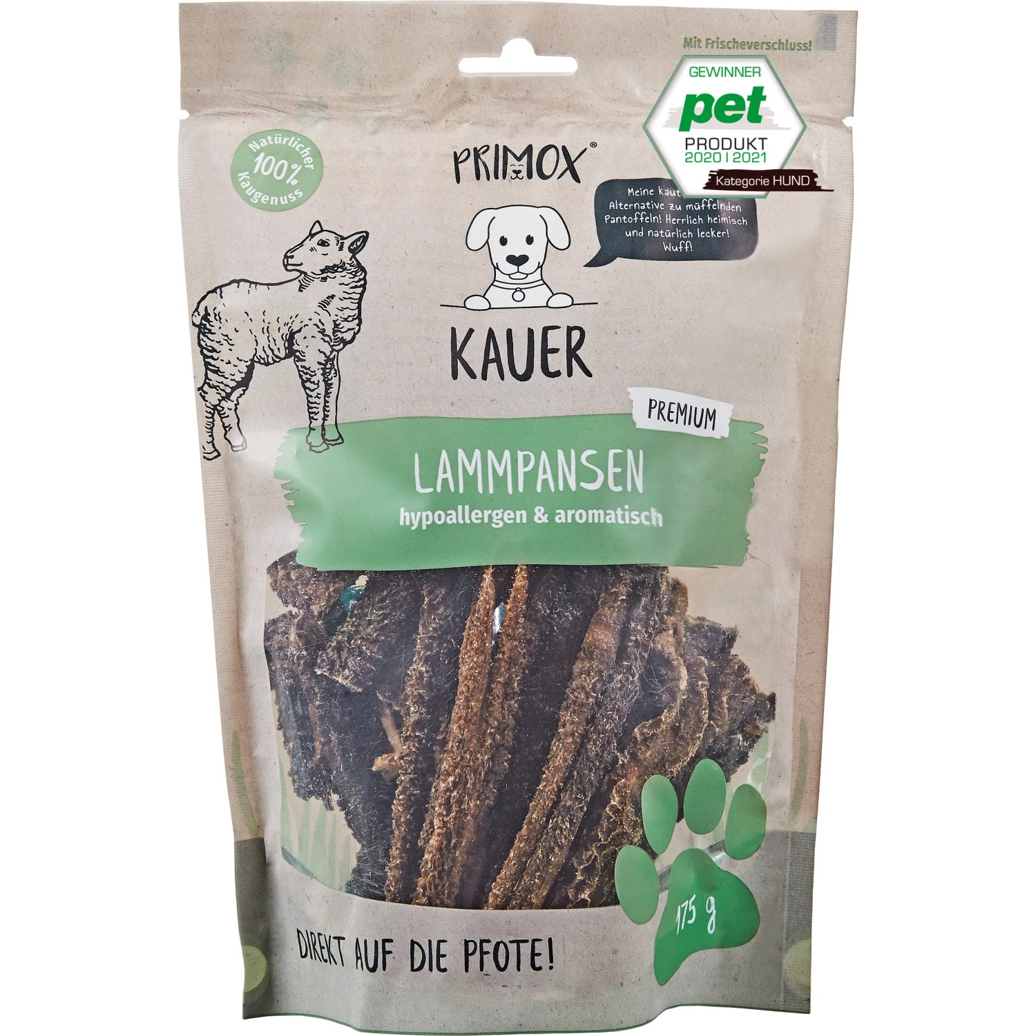 Primox Hunde-Snack Kauer Premium Lammpansen, 175g Packung. Getrocknete Natursnacks für Hunde.