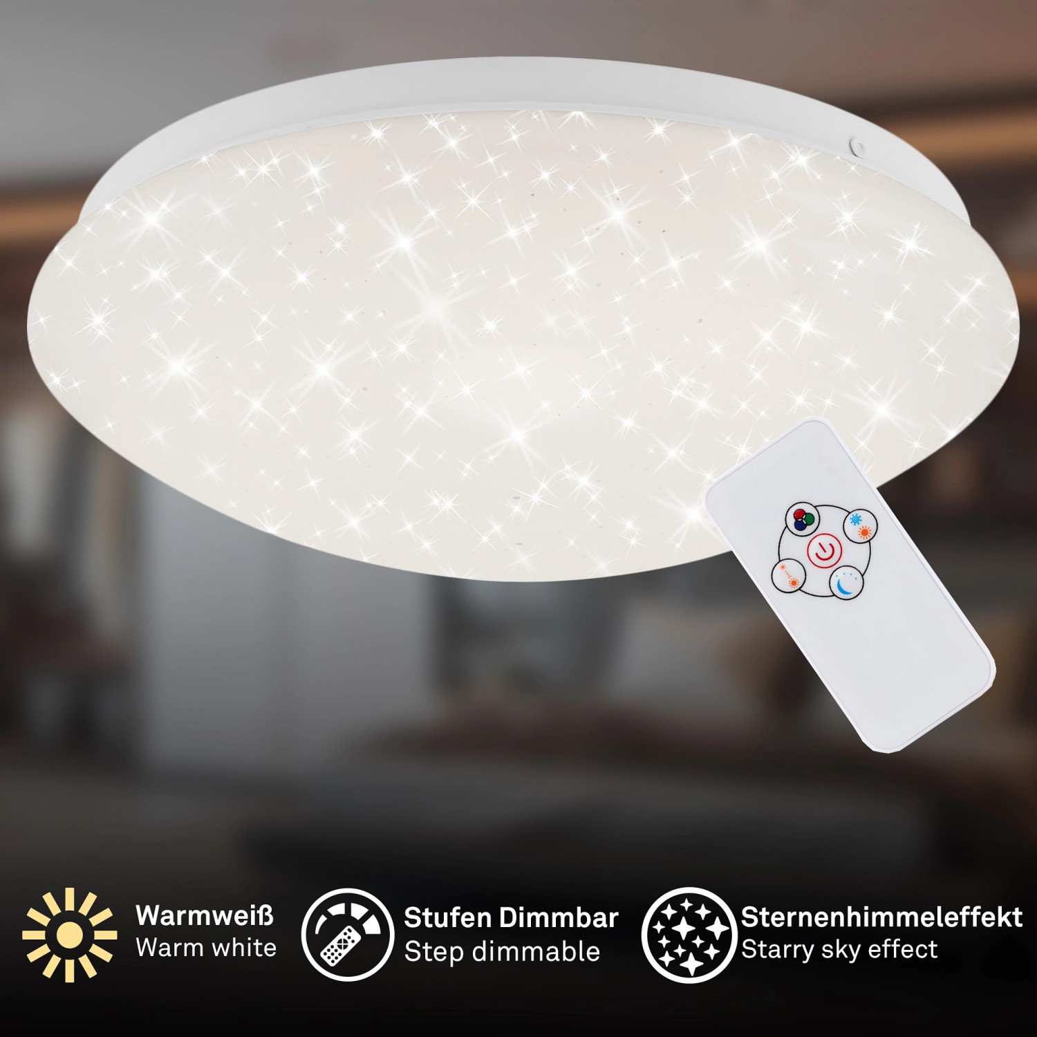 Weiße, dimmbare Brilo LED Deckenleuchte Moon mit Sternendekor und Fernbedienung.