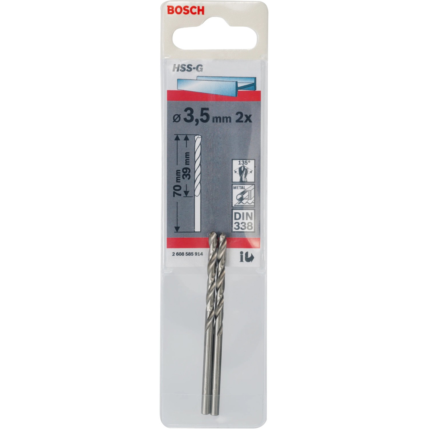 Bosch Metallbohrer Pro HSS-G, 3,5 mm, 2er-Pack im Blister.