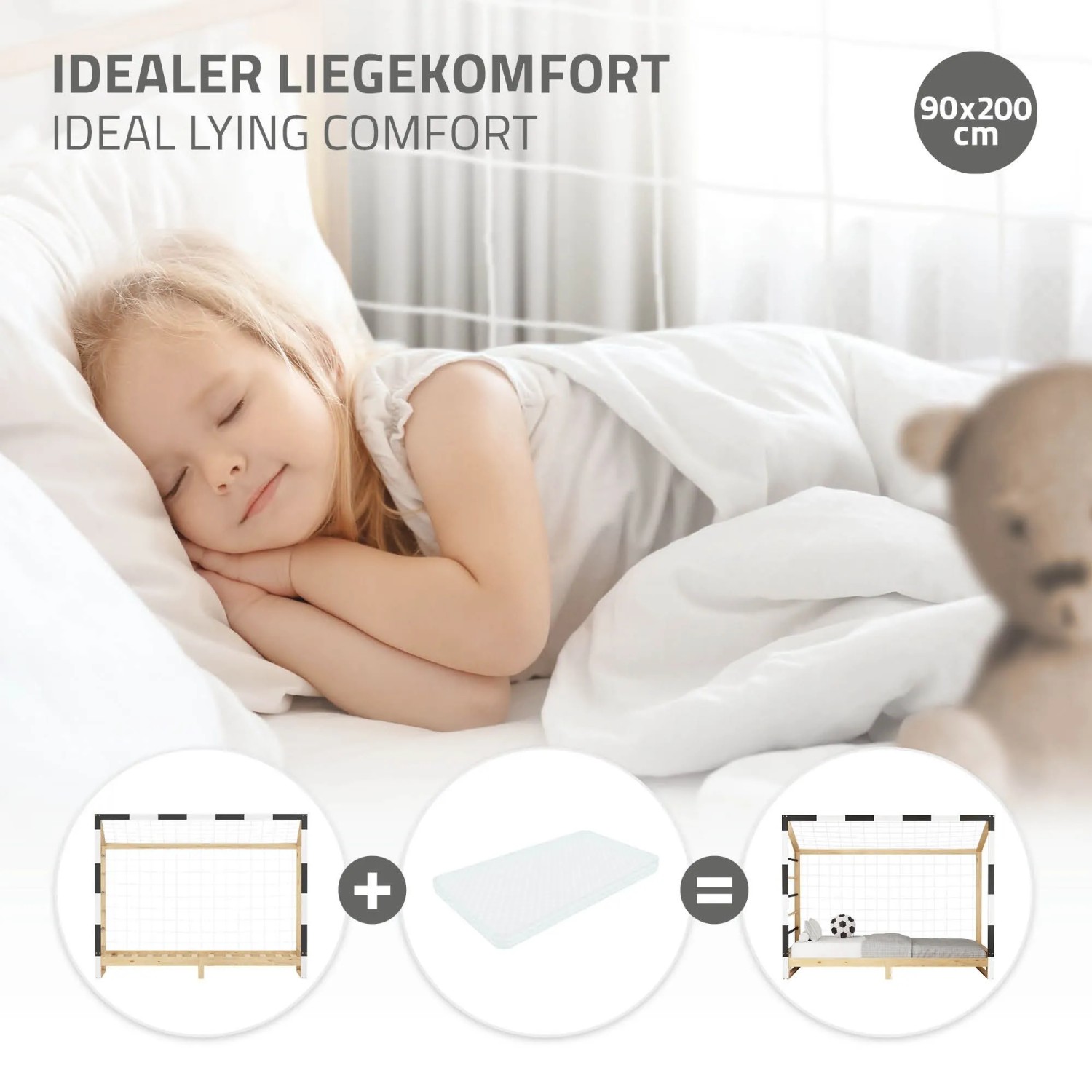 Kind schläft im Ml-Design Kinderbett Fußballtor 90x200 cm aus Kiefernholz. Zeigt Komfort und Tornetz-Design.